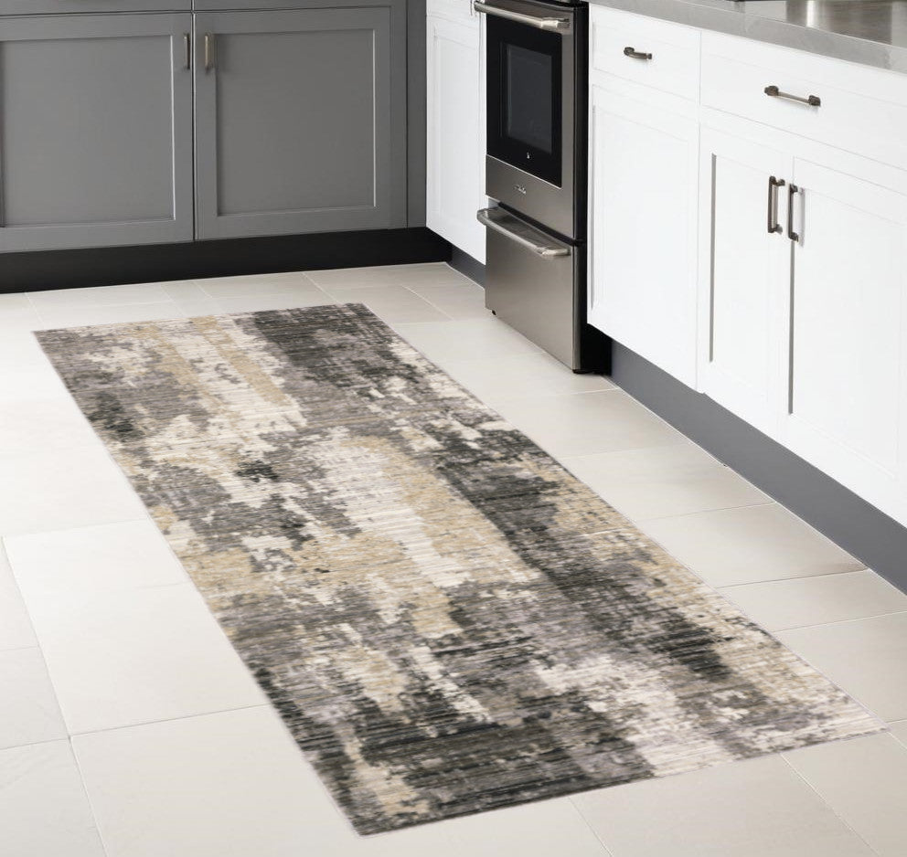 2' X 8' Grey Beige Charcoal Brown Tan And Ivory Abstract Power Loom Stain Resistant Runner Rug