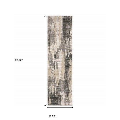 2' X 8' Grey Beige Charcoal Brown Tan And Ivory Abstract Power Loom Stain Resistant Runner Rug