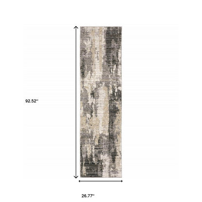 8' Gray And Beige Abstract Distressed Runner Rug