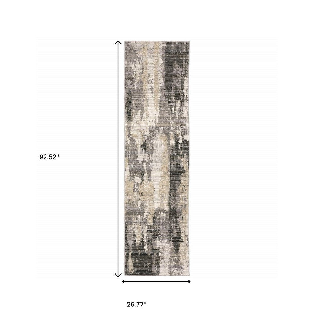 8' Gray And Beige Abstract Distressed Runner Rug
