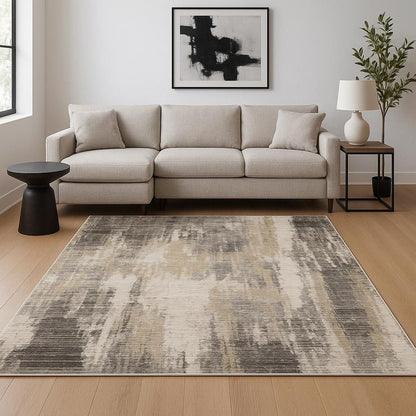 6' X 9' Grey Beige Charcoal Brown Tan And Ivory Abstract Power Loom Stain Resistant Area Rug