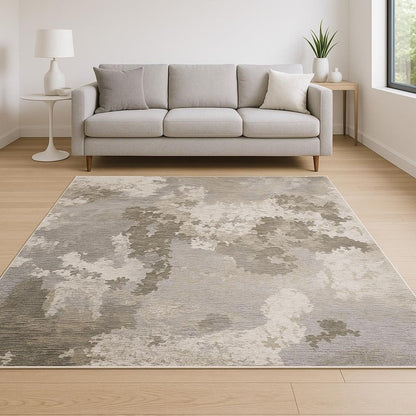10' X 13' Grey Ivory Beige Tan Brown And Black Abstract Power Loom Stain Resistant Area Rug