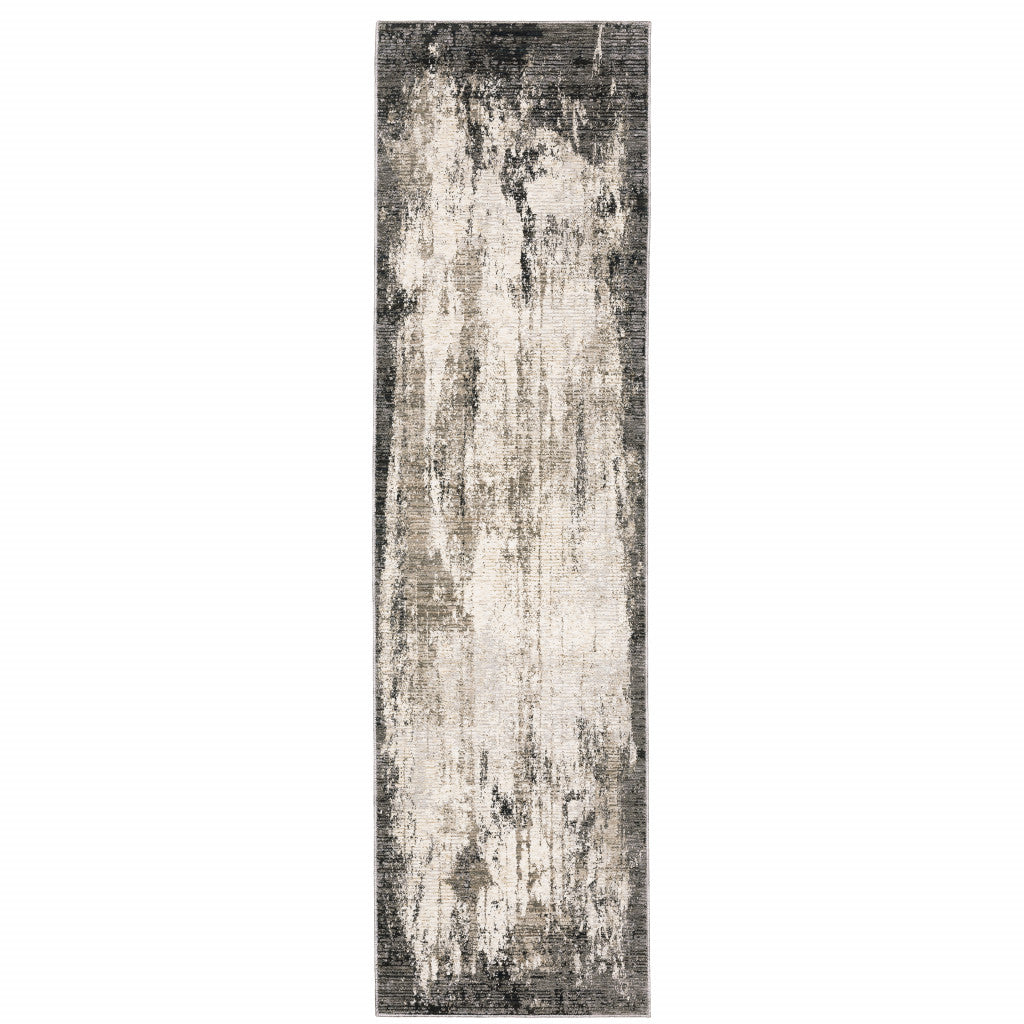 2' X 8' Grey Ivory Charcoal Tan Black And Beige Abstract Power Loom Stain Resistant Runner Rug