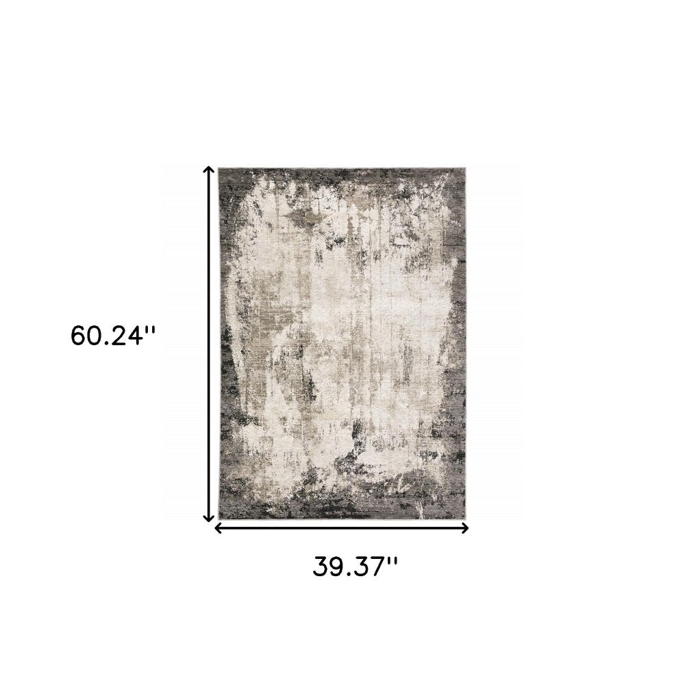 3' X 5' Grey Ivory Charcoal Tan Black And Beige Abstract Power Loom Stain Resistant Area Rug
