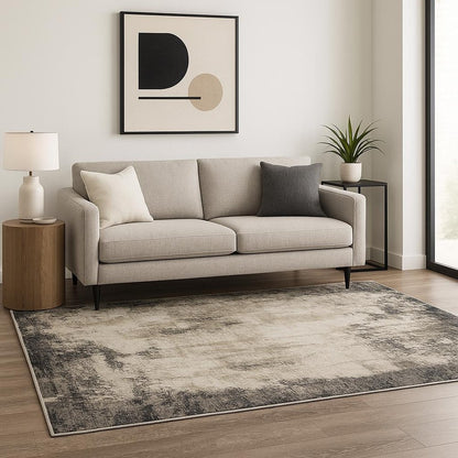 5' X 8' Grey Ivory Charcoal Tan Black And Beige Abstract Power Loom Stain Resistant Area Rug