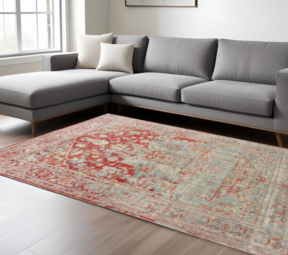 10' X 13' Grey And Orange Oriental Power Loom Stain Resistant Area Rug