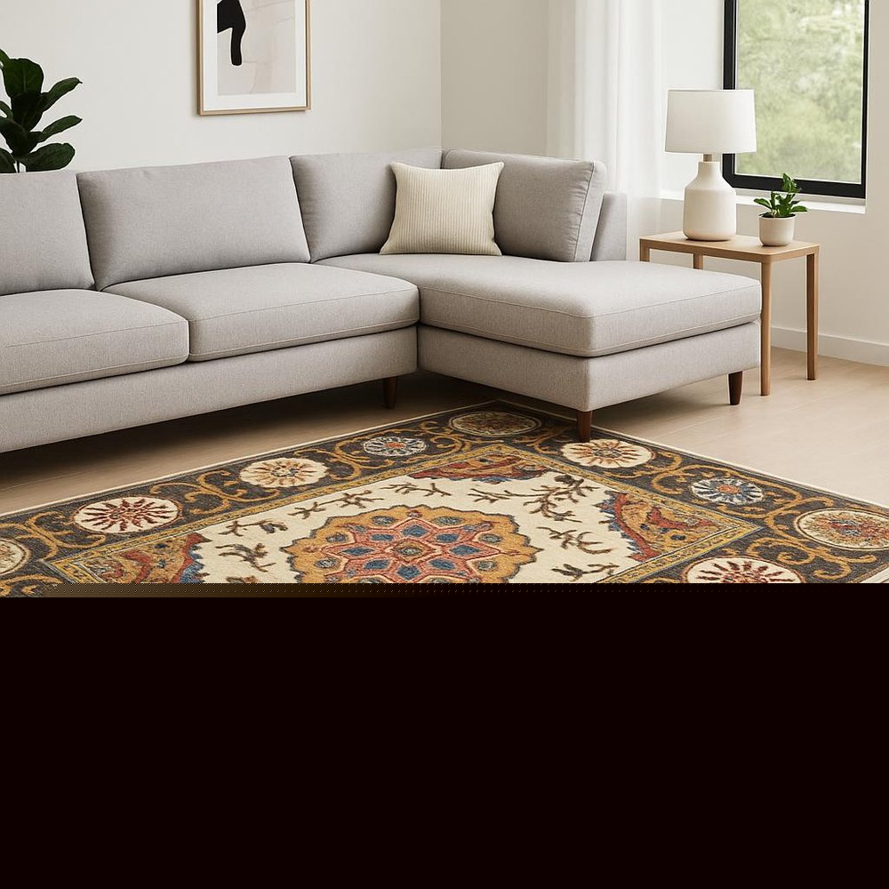 10' X 13' Ivory And Brown Oriental Power Loom Stain Resistant Area Rug