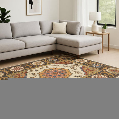 10' X 13' Ivory And Brown Oriental Power Loom Stain Resistant Area Rug