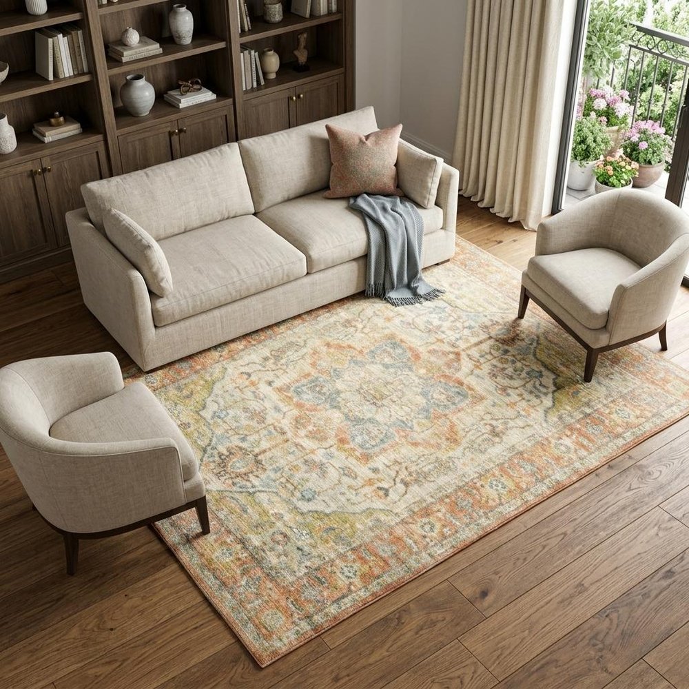 8' X 10' Orange And Blue Abstract Distressed Area Rug