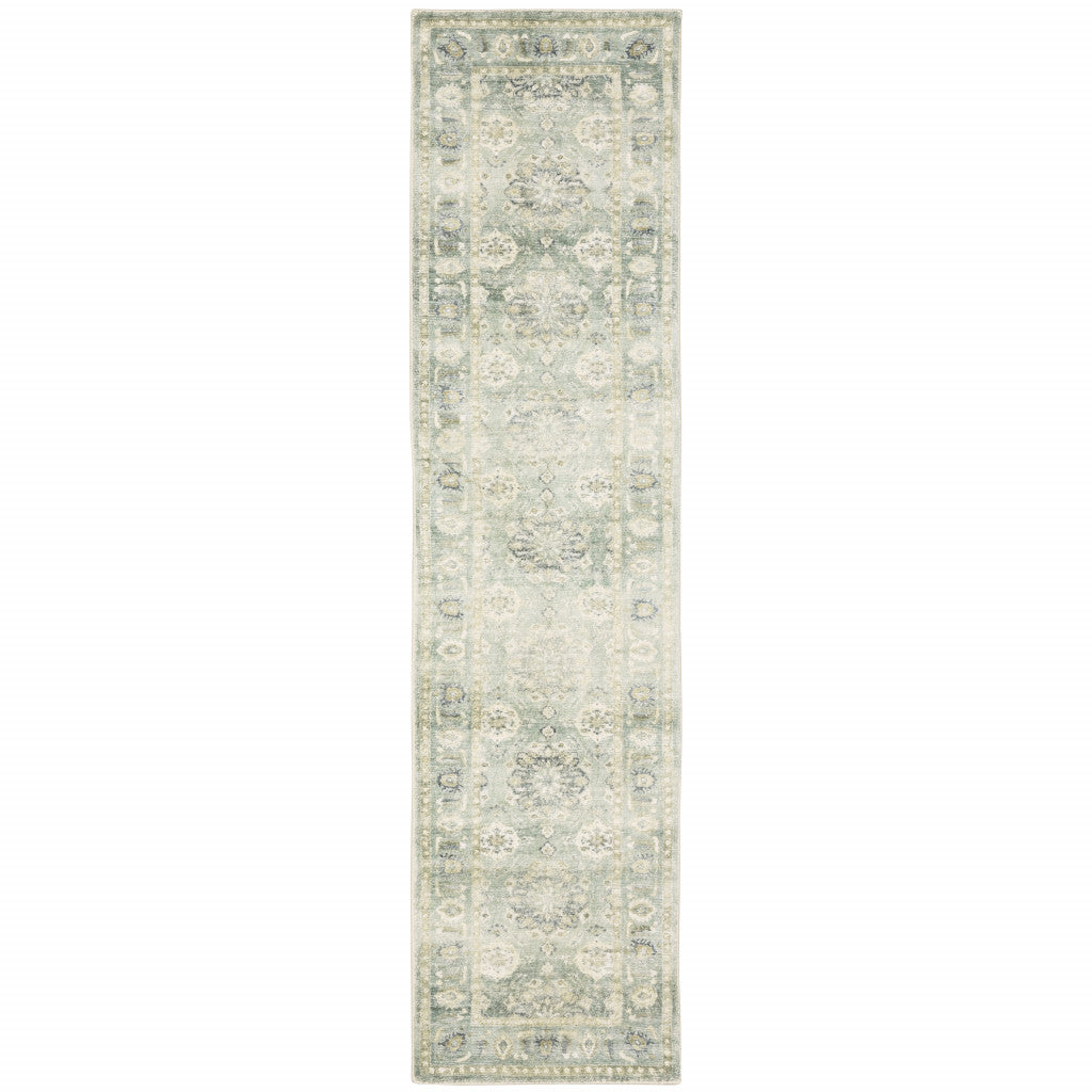 2' X 8' Green And Ivory Oriental Power Loom Stain Resistant Runner Rug