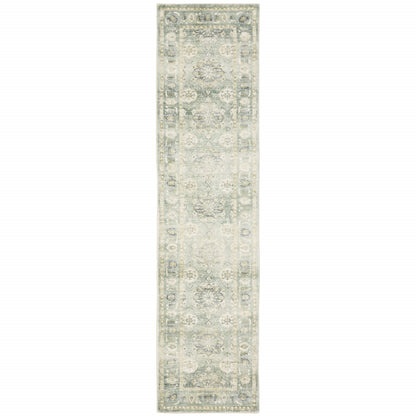 2' X 8' Green And Ivory Oriental Power Loom Stain Resistant Runner Rug