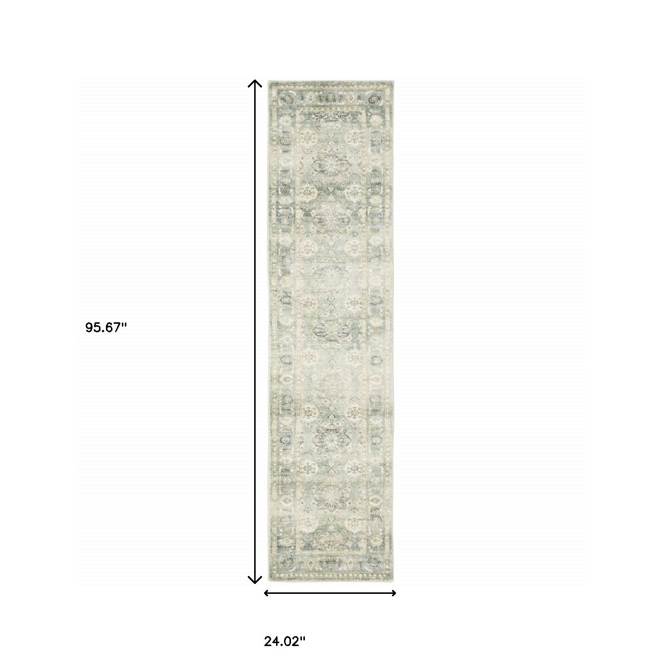 2' X 8' Green And Ivory Oriental Power Loom Stain Resistant Runner Rug