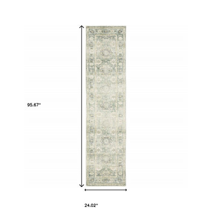 2' X 8' Green And Ivory Oriental Power Loom Stain Resistant Runner Rug