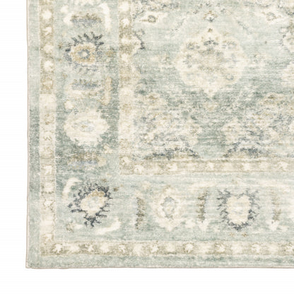 2' X 8' Green And Ivory Oriental Power Loom Stain Resistant Runner Rug