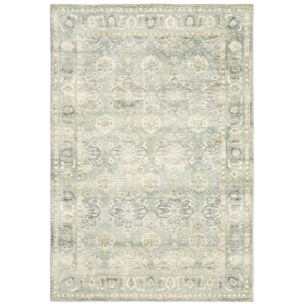 5' X 7' Green And Ivory Oriental Power Loom Stain Resistant Area Rug