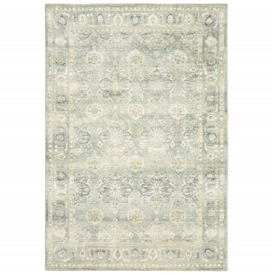 5' X 7' Green And Ivory Oriental Power Loom Stain Resistant Area Rug