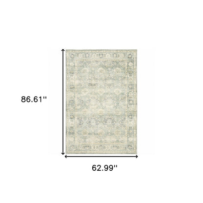 5' X 7' Green And Ivory Oriental Power Loom Stain Resistant Area Rug