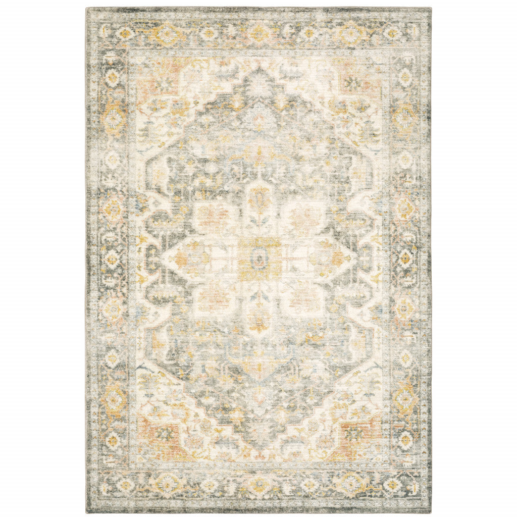 8' X 10' Grey Gold Orange And Ivory Oriental Power Loom Stain Resistant Area Rug