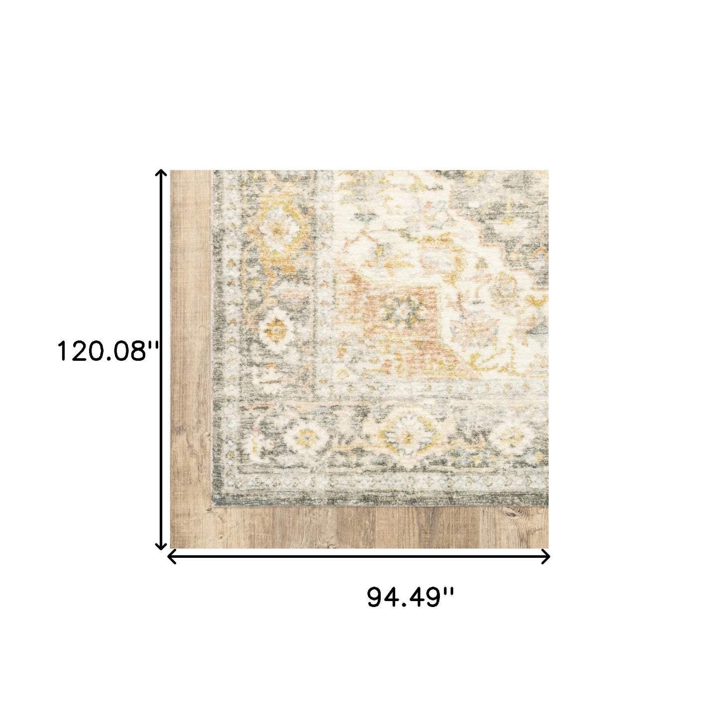 8' X 10' Grey Gold Orange And Ivory Oriental Power Loom Stain Resistant Area Rug