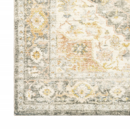 8' X 10' Grey Gold Orange And Ivory Oriental Power Loom Stain Resistant Area Rug