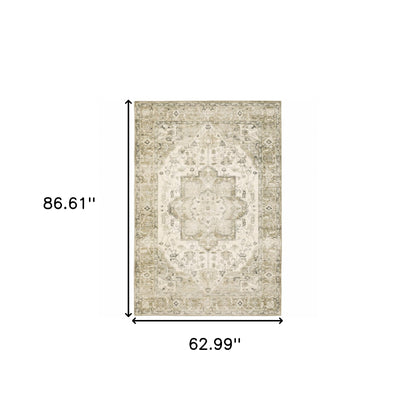 5' X 7' Tan Ivory Grey And Beige Oriental Power Loom Stain Resistant Area Rug