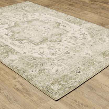 5' X 7' Tan Ivory Grey And Beige Oriental Power Loom Stain Resistant Area Rug