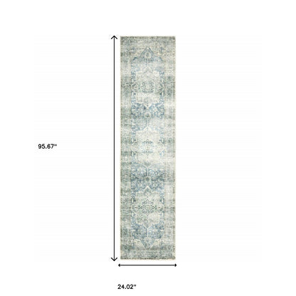 2' X 8' Grey Blue And Ivory Oriental Power Loom Stain Resistant Runner Rug