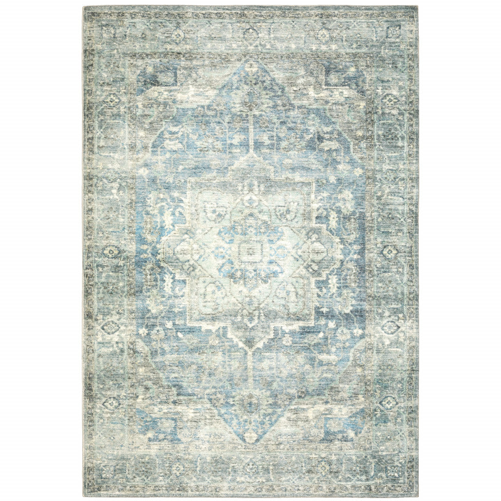 8' X 10' Grey Blue And Ivory Oriental Power Loom Stain Resistant Area Rug