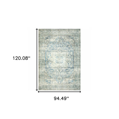 8' X 10' Grey Blue And Ivory Oriental Power Loom Stain Resistant Area Rug