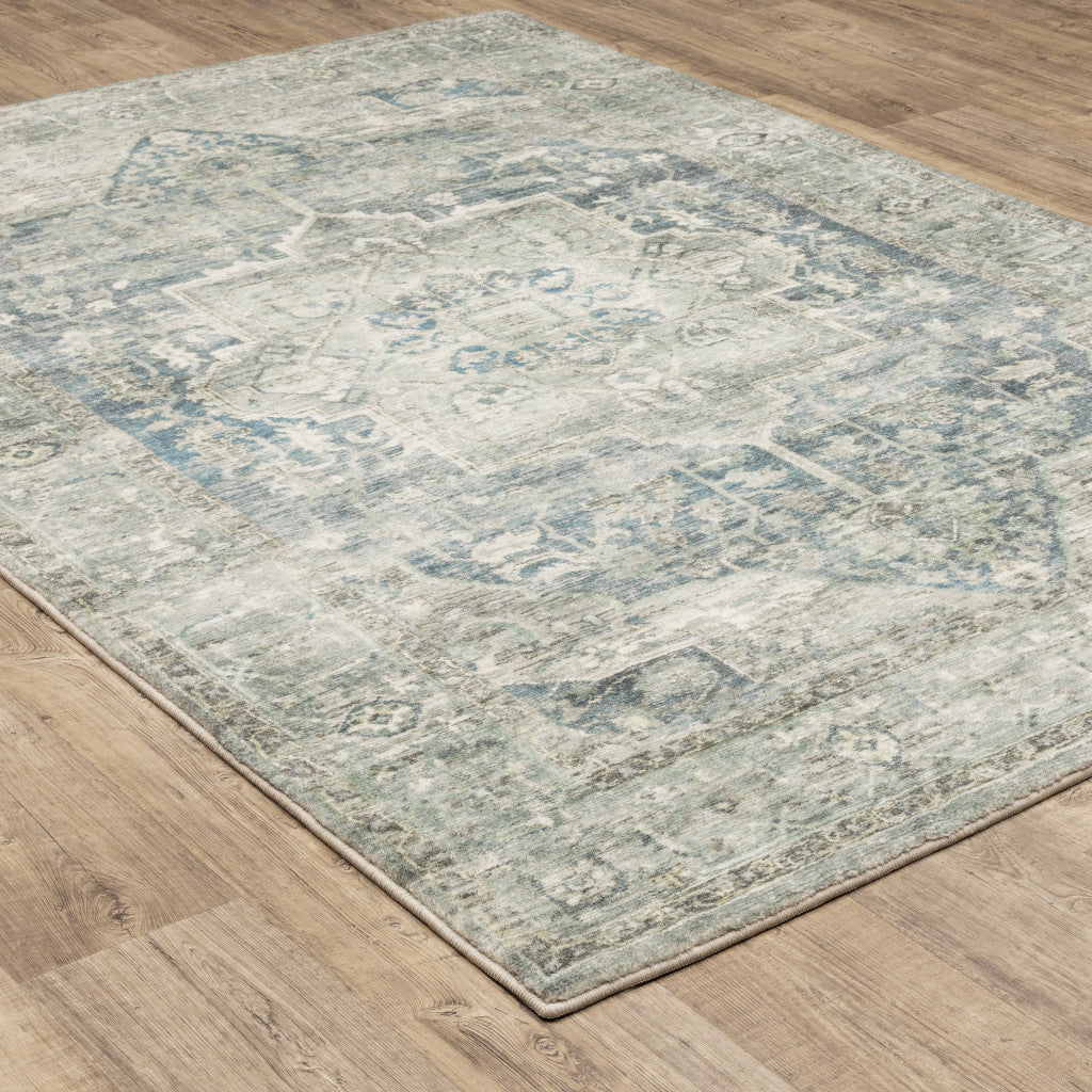 8' X 10' Grey Blue And Ivory Oriental Power Loom Stain Resistant Area Rug