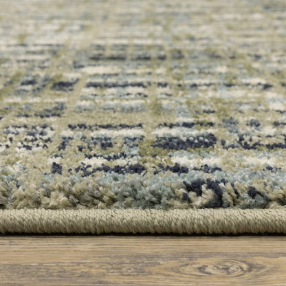2' X 8' Green Blue Ivory Beige And Light Blue Abstract Power Loom Stain Resistant Runner Rug