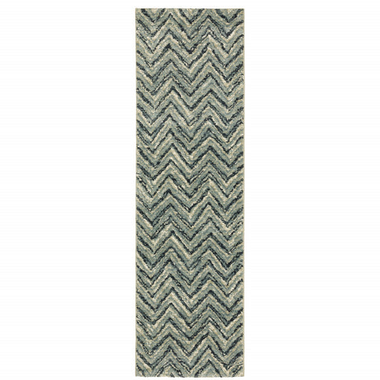 2' X 8' Blue Ivory Grey Beige And Light Blue Geometric Power Loom Stain Resistant Runner Rug