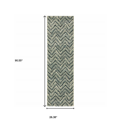 2' X 8' Blue Ivory Grey Beige And Light Blue Geometric Power Loom Stain Resistant Runner Rug