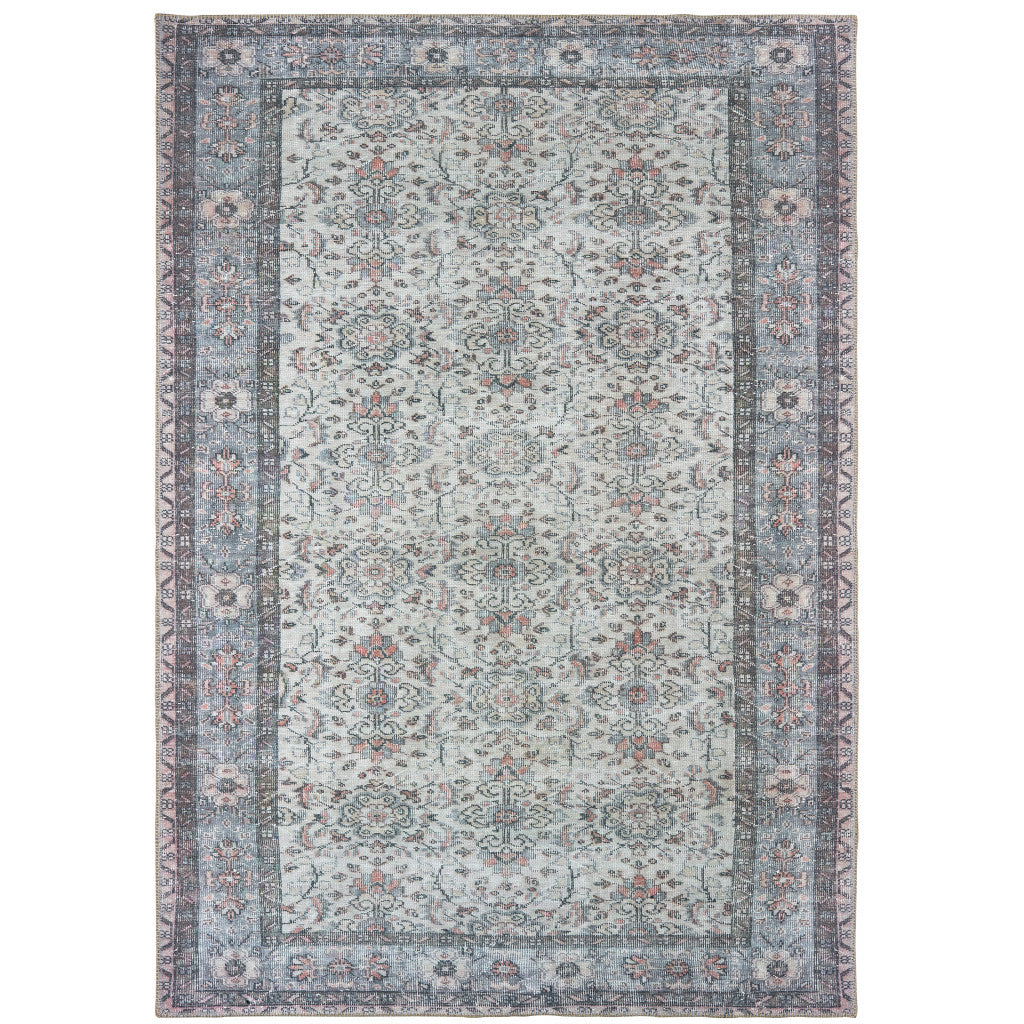 2' X 3' Ivory And Blue Oriental Power Loom Stain Resistant Area Rug