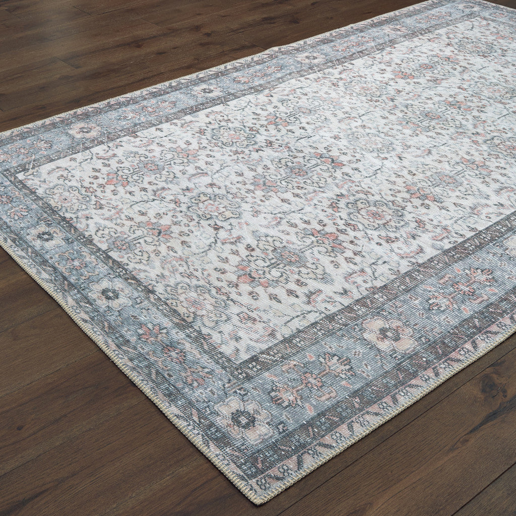 2' X 3' Ivory And Blue Oriental Power Loom Stain Resistant Area Rug