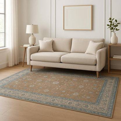 5' X 8' Gold And Grey Oriental Power Loom Stain Resistant Area Rug