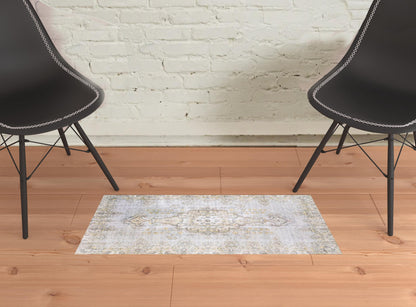 2' X 3' Grey And Gold Oriental Power Loom Stain Resistant Area Rug