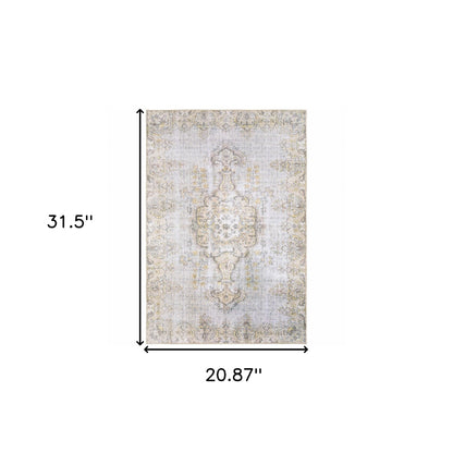 2' X 3' Grey And Gold Oriental Power Loom Stain Resistant Area Rug