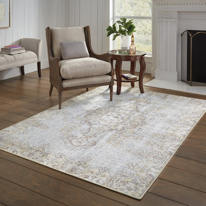 4' X 6' Grey And Gold Oriental Power Loom Stain Resistant Area Rug