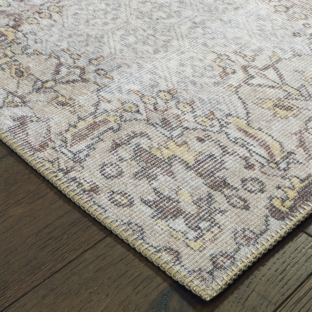 5' X 8' Grey And Gold Oriental Power Loom Stain Resistant Area Rug