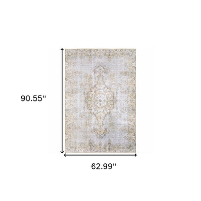 5' X 8' Grey And Gold Oriental Power Loom Stain Resistant Area Rug