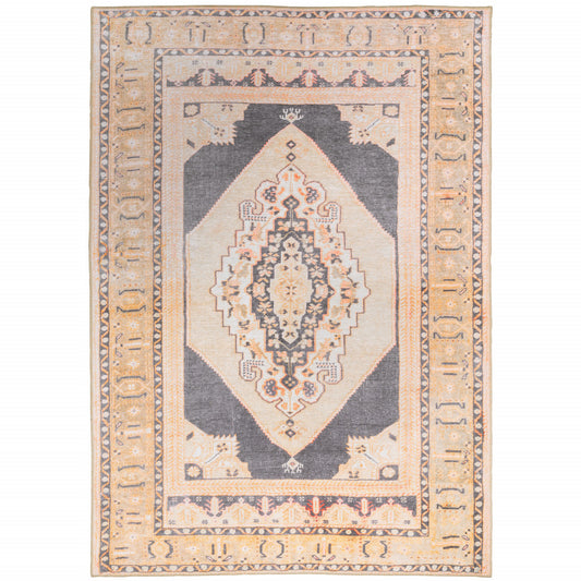 4' X 6' Grey And Gold Oriental Power Loom Stain Resistant Area Rug