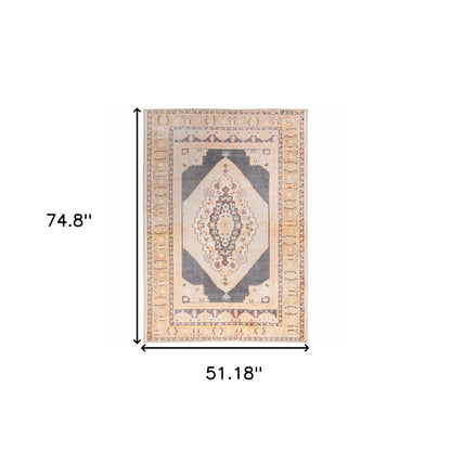 4' X 6' Grey And Gold Oriental Power Loom Stain Resistant Area Rug