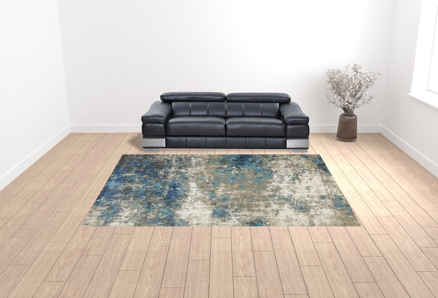 10' X 13' Blue Grey And Beige Abstract Power Loom Stain Resistant Area Rug