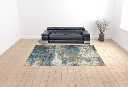 10' X 13' Blue Grey And Beige Abstract Power Loom Stain Resistant Area Rug