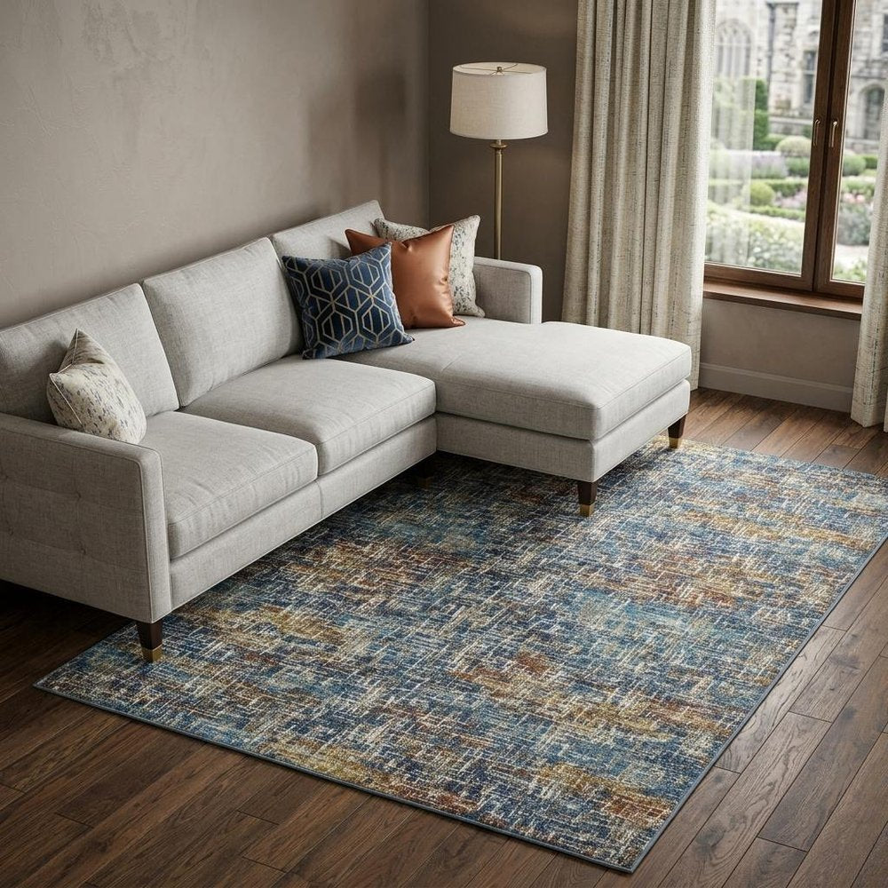 8' X 10' Blue Teal Gold Rust And Beige Abstract Power Loom Stain Resistant Area Rug