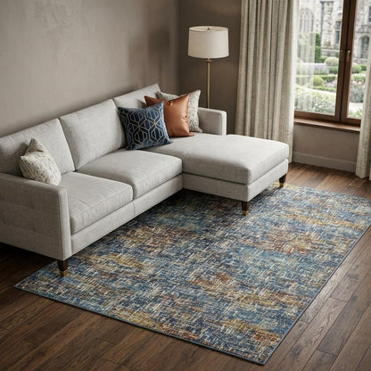8' X 10' Blue Teal Gold Rust And Beige Abstract Power Loom Stain Resistant Area Rug
