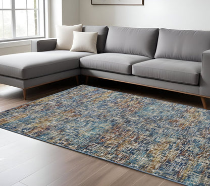 8' X 10' Blue Teal Gold Rust And Beige Abstract Power Loom Stain Resistant Area Rug