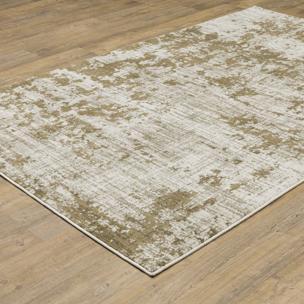 10' X 13' Beige And Gold Abstract Distressed Area Rug