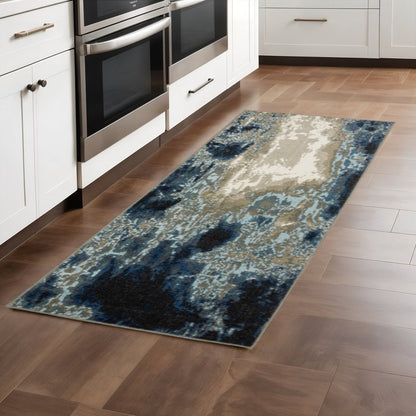 2' X 8' Blue Grey Charcoal And Beige Abstract Power Loom Stain Resistant Runner Rug